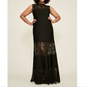 TADASHI SHOJI black lace formal maxi dress evening gown high neck XL see thru